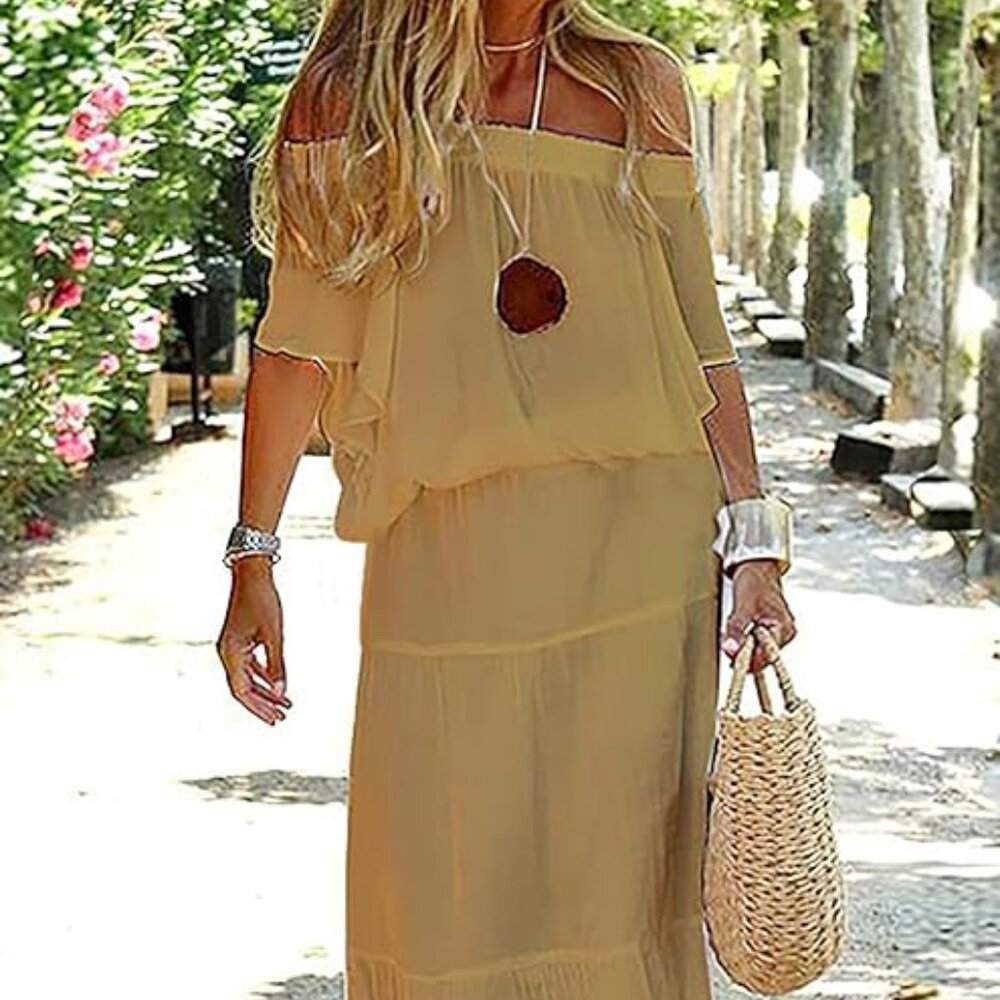Akivide Women's Off Shoulder Solid Color Long Dress Elastic Waist 2XL Khaki
